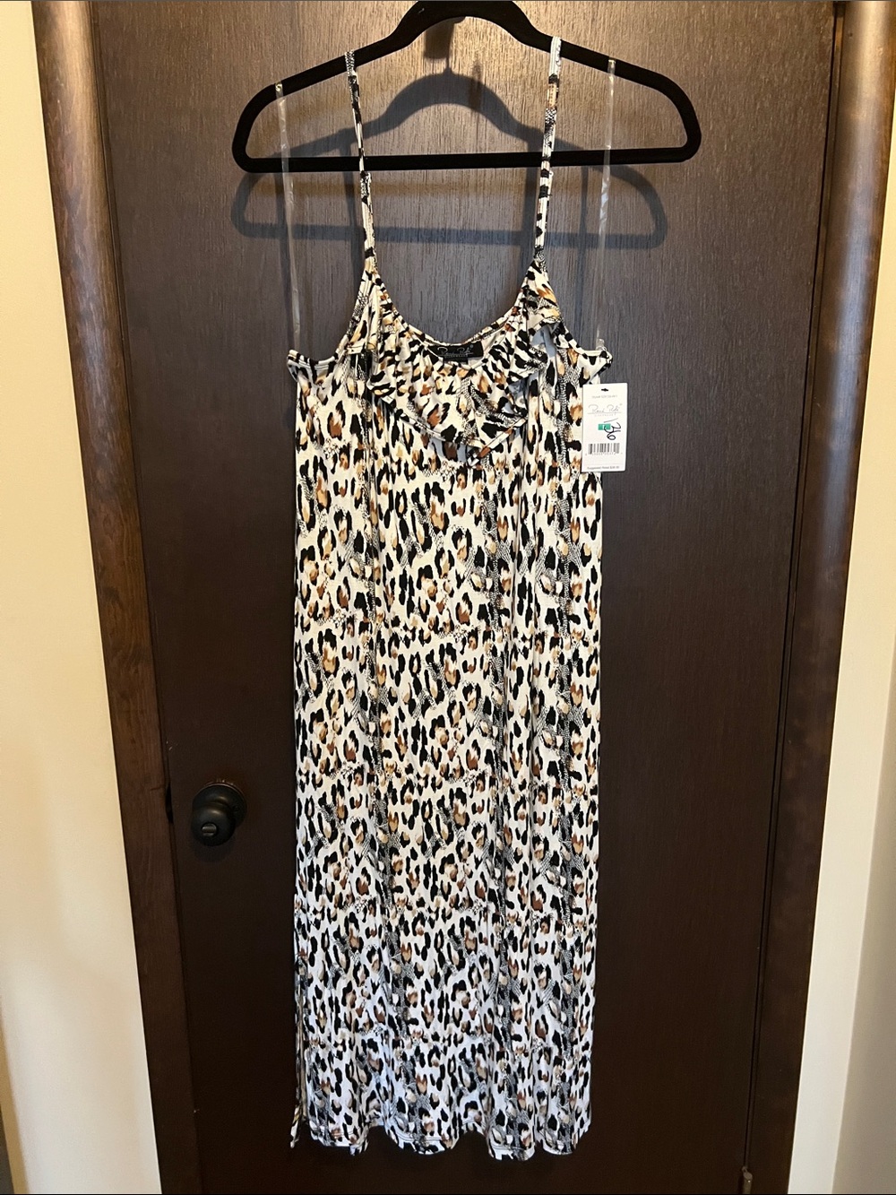 Rene Rofe Leopard Print Maxi Slip Dress in White, Black & Brown